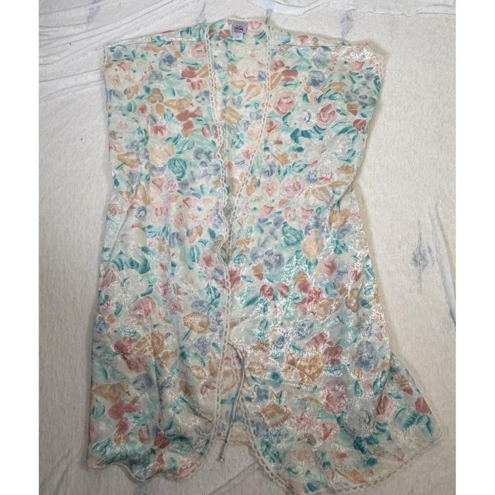 Vintage Carol Star Robe L Sheer Floral Lace Trim Tie Front USA
